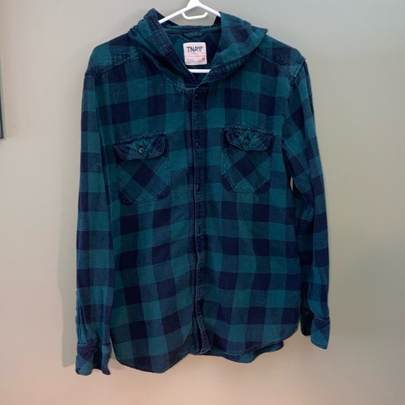 TNA Green and Black Button Down Shirt with Hood - Picture 1 of 13